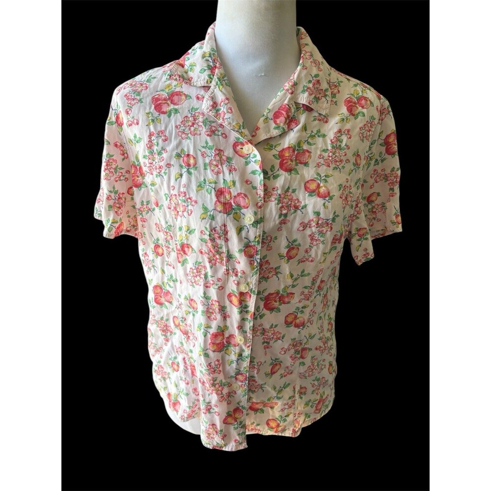 Liz Claiborne Peach Fruit Summer Floral Cottagecore Button Camp shirt Petite M